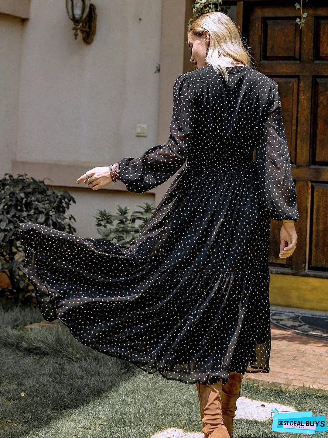 Embroidered Polka Dot Tie Neck Long Sleeve Midi Dress