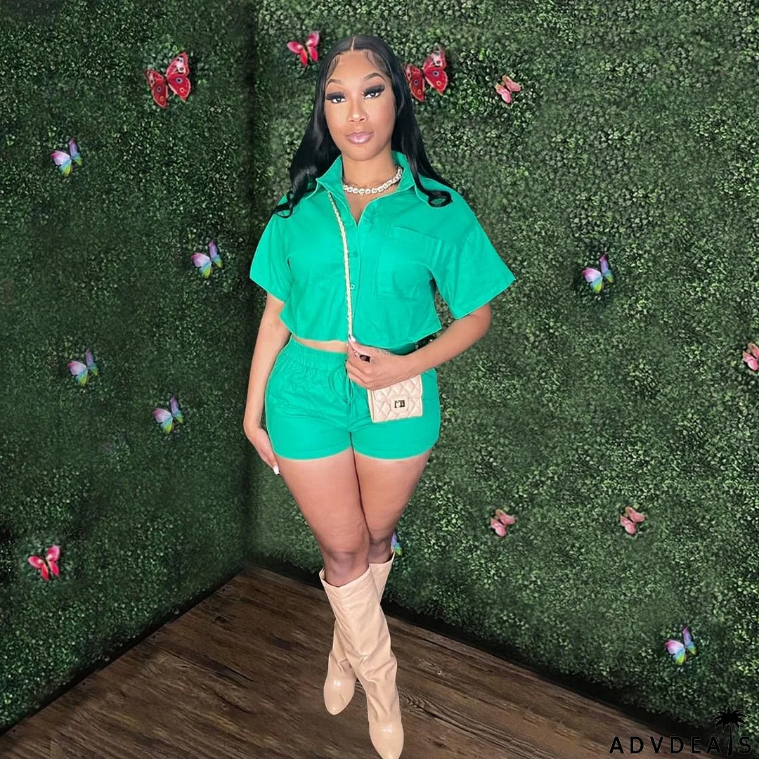 Ladies Short Sleeve Shirt Set Elastic Pocket Shorts Two-Piece Set