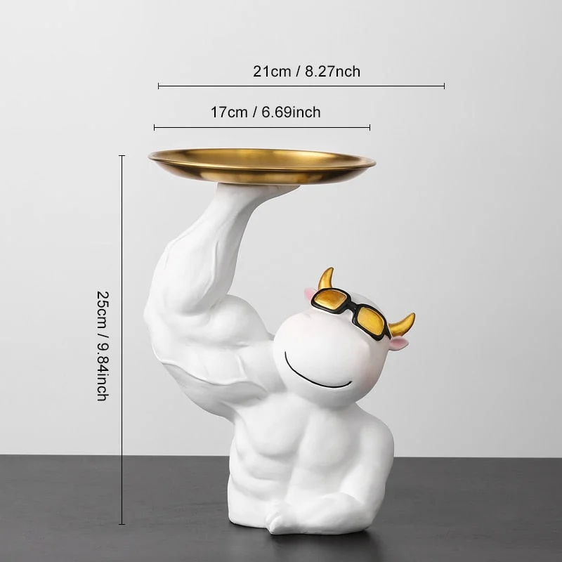 Home Decor Abstract Muscle Cow Figurine With Tray Desk Storage Statue TV Cabinet Ornaments Sculpture Home Room Decoration Gifts