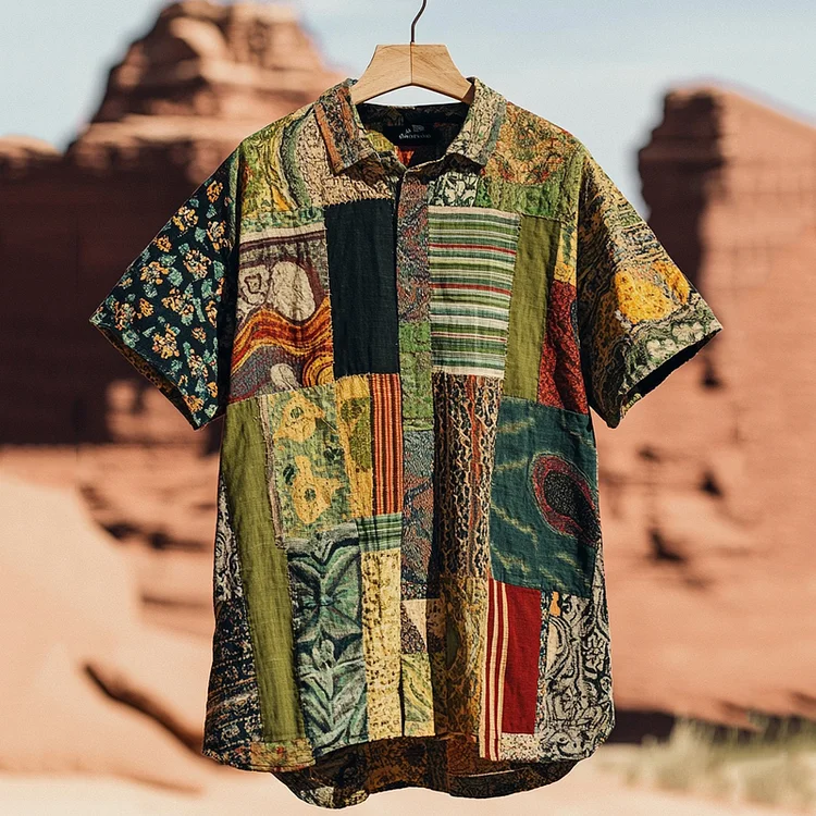 Men's Retro Contrast Patchwork Short Sleeve Shirt