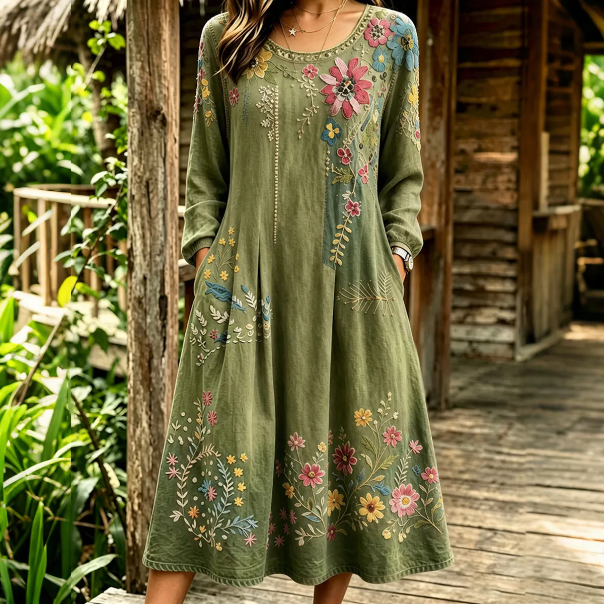 Women's Western Bohemian Floral Cotton Linen Midi Skirt elevenforest
