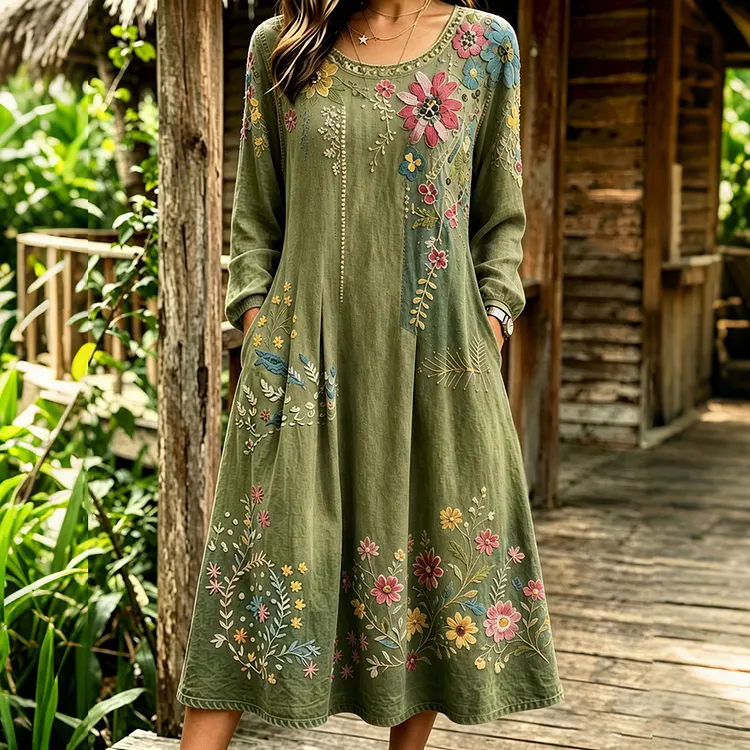 Women's Western Bohemian Floral Cotton Linen Midi Skirt