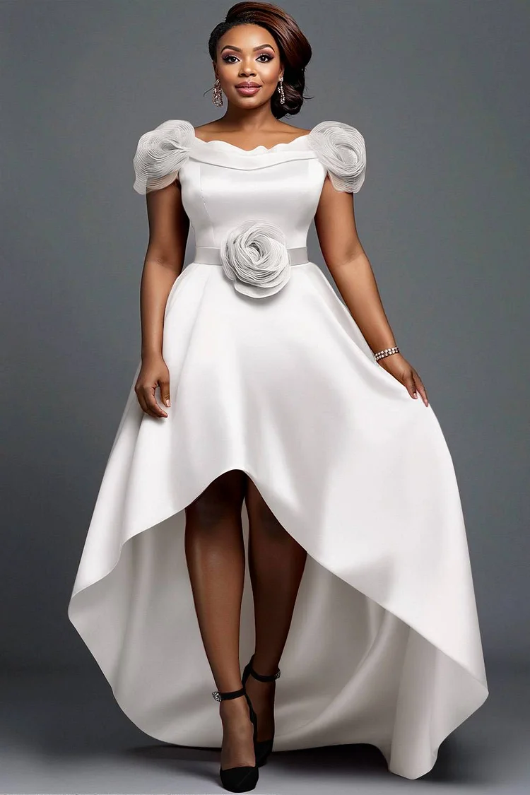 Xpluswear Design Plus Size Wedding White 3D Elegant Asymmetric Hem Satin Midi Dresses [Pre-Order] 2024 - Xpluswear