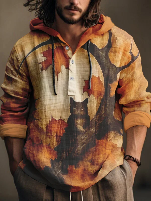 Men's Fall Cat Maple Tree Halloween Art Print Hooded Shirt