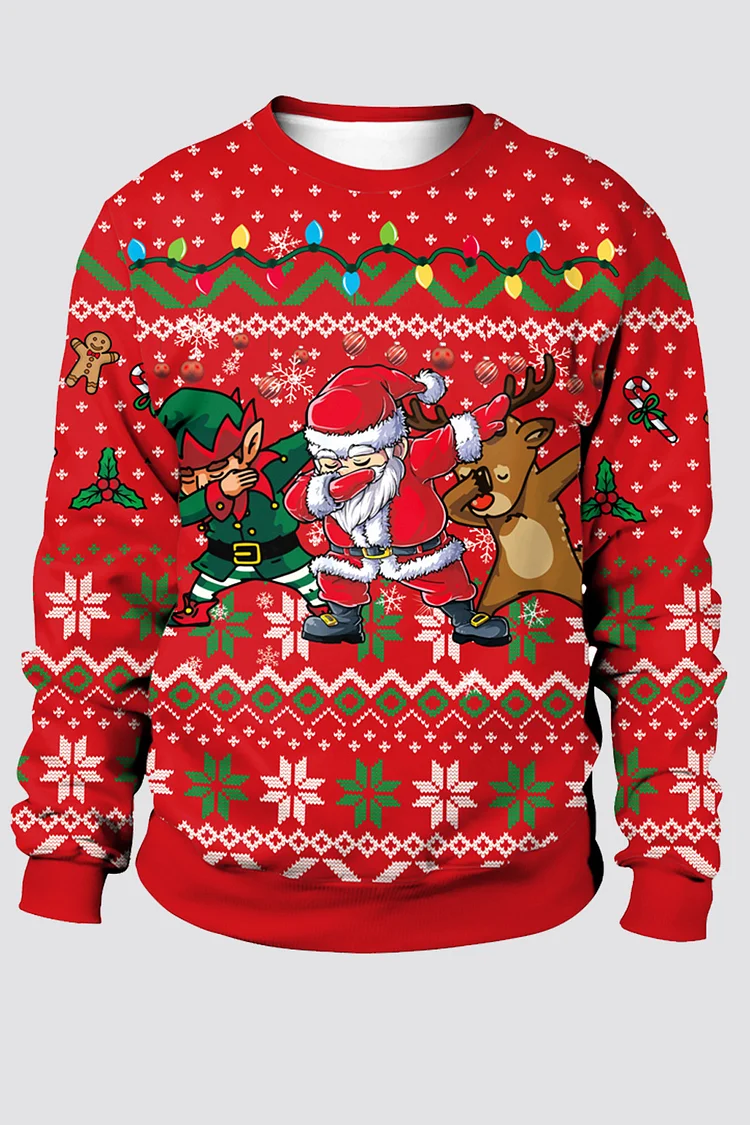 Plus Size Christmas Red Santa Claus Snowflake Print Round Neck Sweatshirt  Flycurvy [product_label]