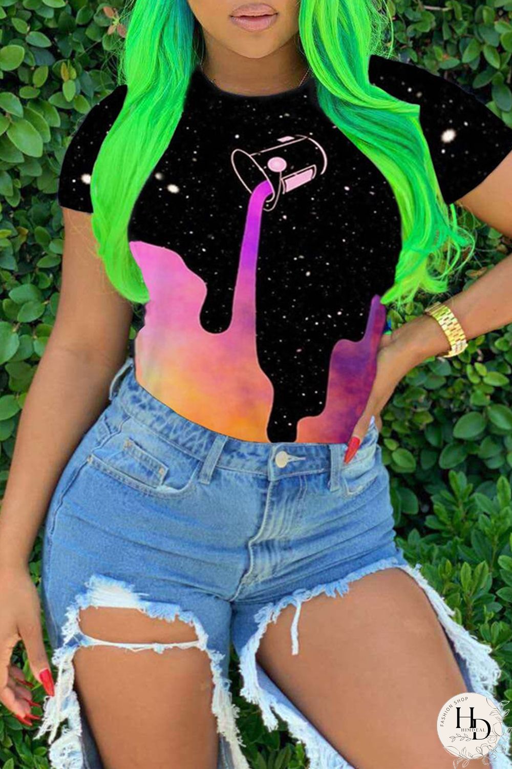 Black Fashion Casual Print Basic O Neck Tops