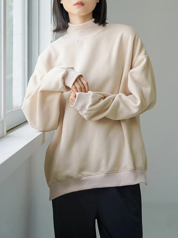 Casual Loose Long Sleeves Velvet Solid Color High-Neck Sweatshirt Tops