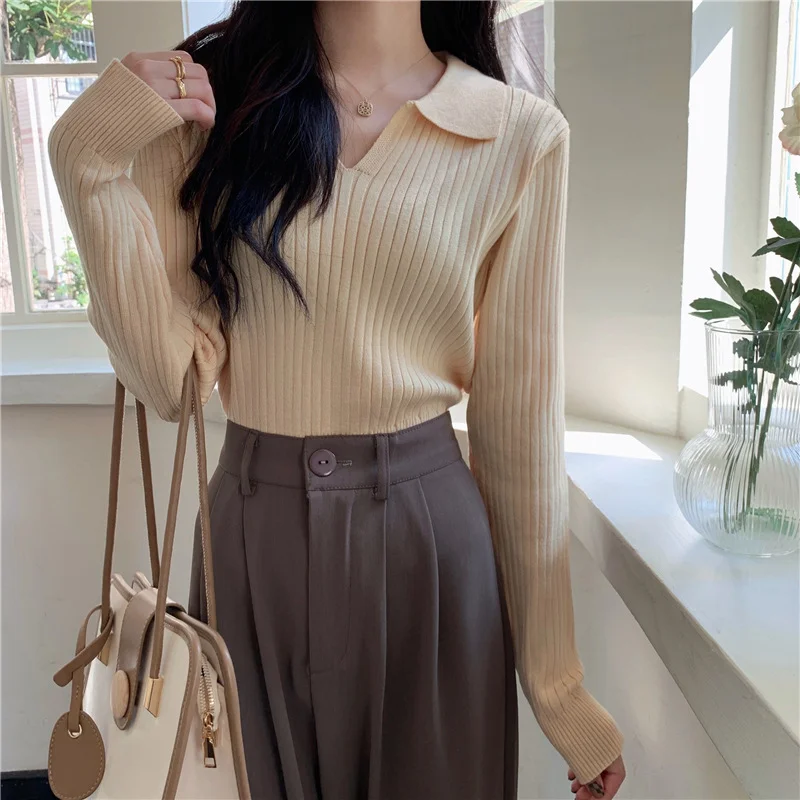 Brownm Brownm POLO Collar Apricot Sweater Female Autumn 2023 New Korean Version With Long-Sleeved Sweater Student Jacket Tide