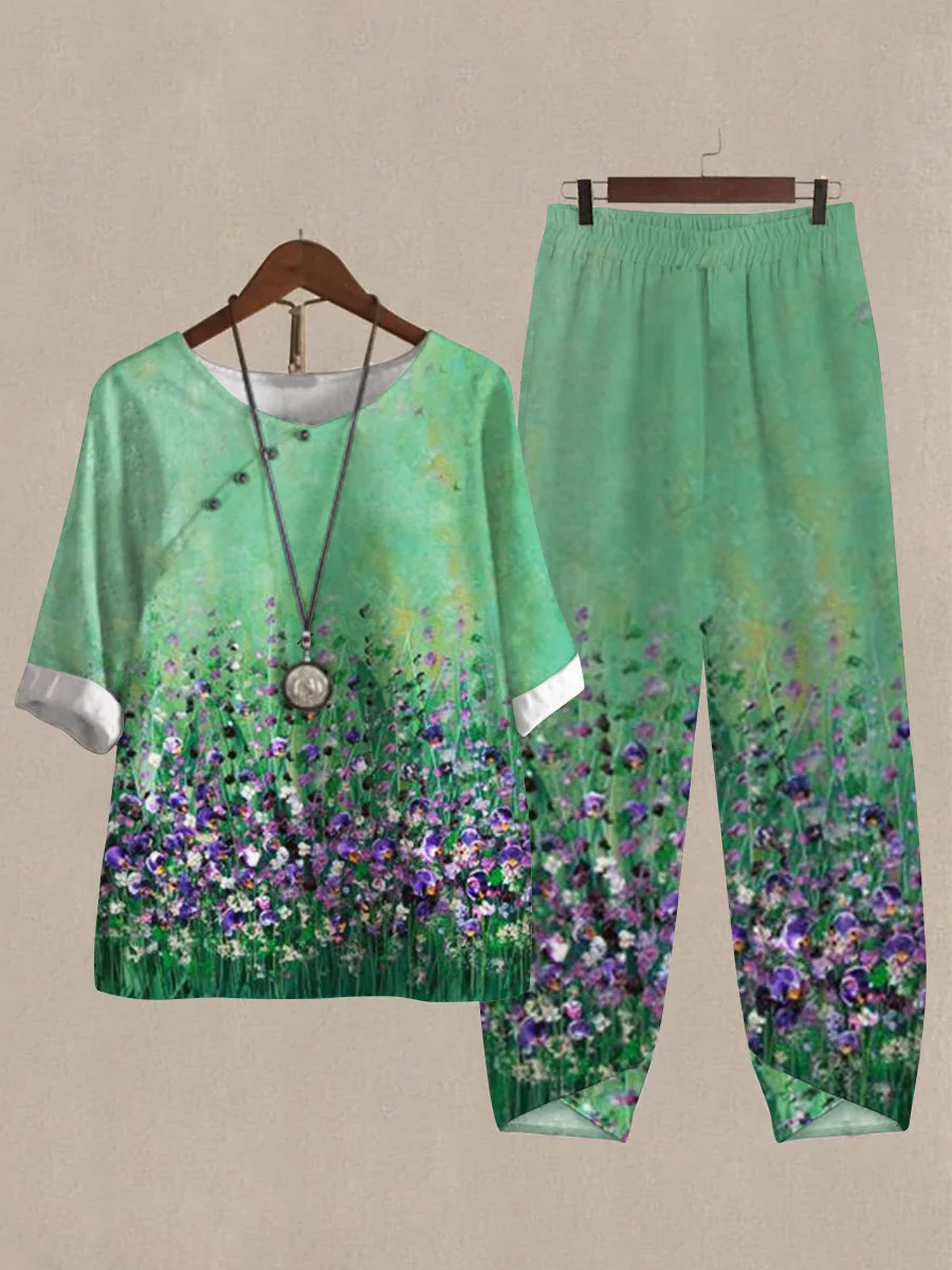 Women's Garden Print Half Sleeve Top And Wide Leg Pants Linen Two Pieces