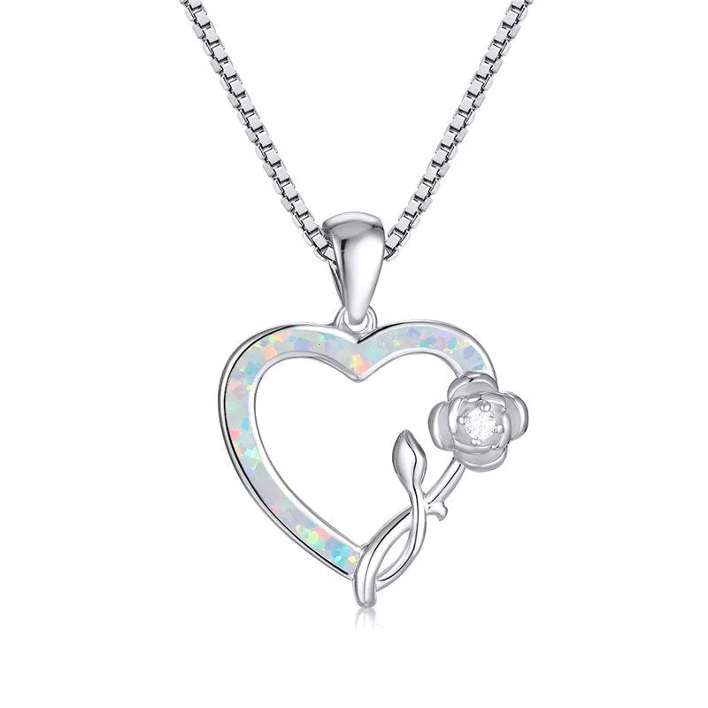 Cute Female Rose Flower Pendant Necklace White Blue Opal Stone Heart Necklace Boho Gold Silver Color Chain Necklaces For Women