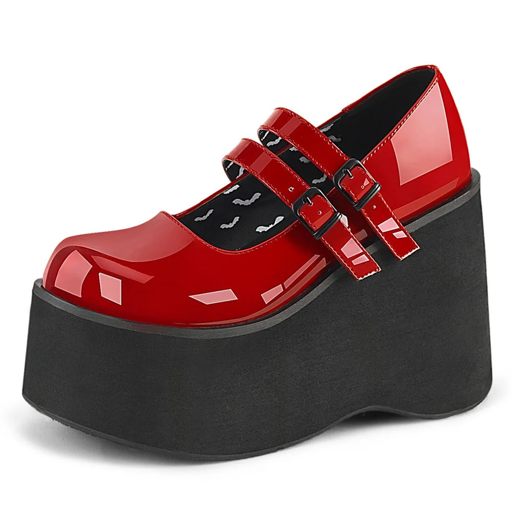 Red Patent Leather Buckle Double Strappy  Platform Wedge Heeled Shoes Nicepairs