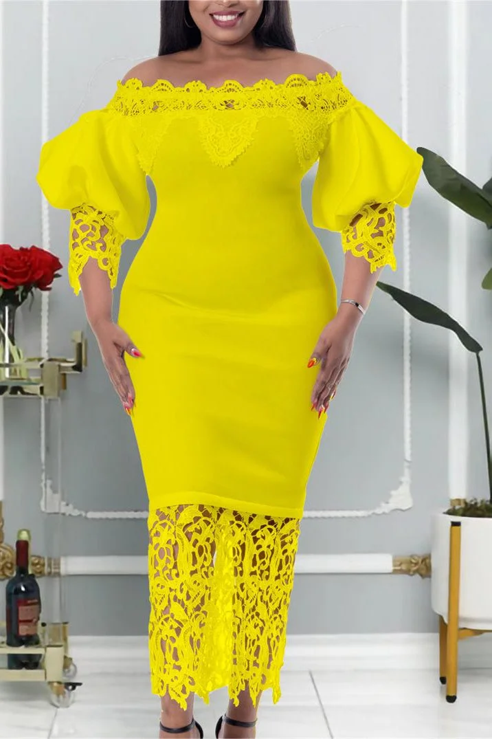 One Shoulder Patchwork Lantern Sleeve Dress
