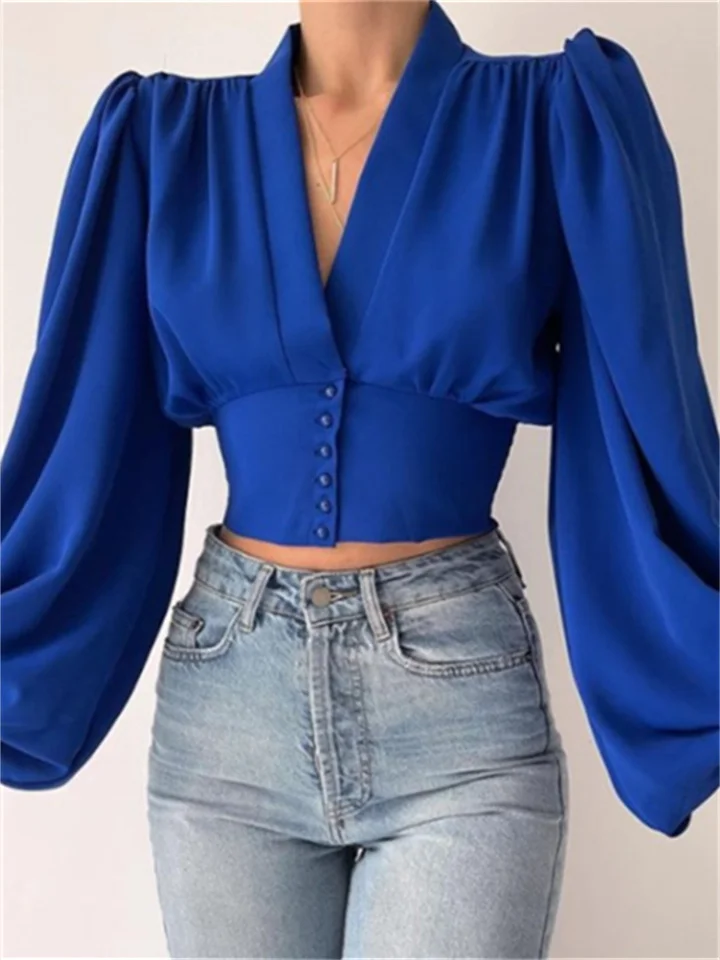 Spring New Solid Color Slim Temperament Long-sleeved Button V Collar Urban Trend Set Head Lantern Sleeve Blouse Shirt