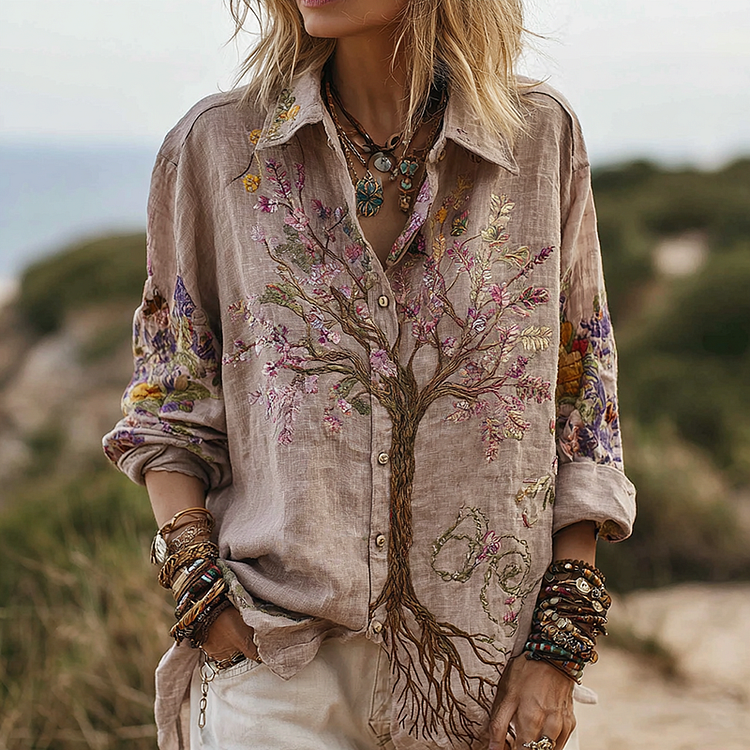 Women's Vintage Color Tree Of Life Cotton And Linen Shirt