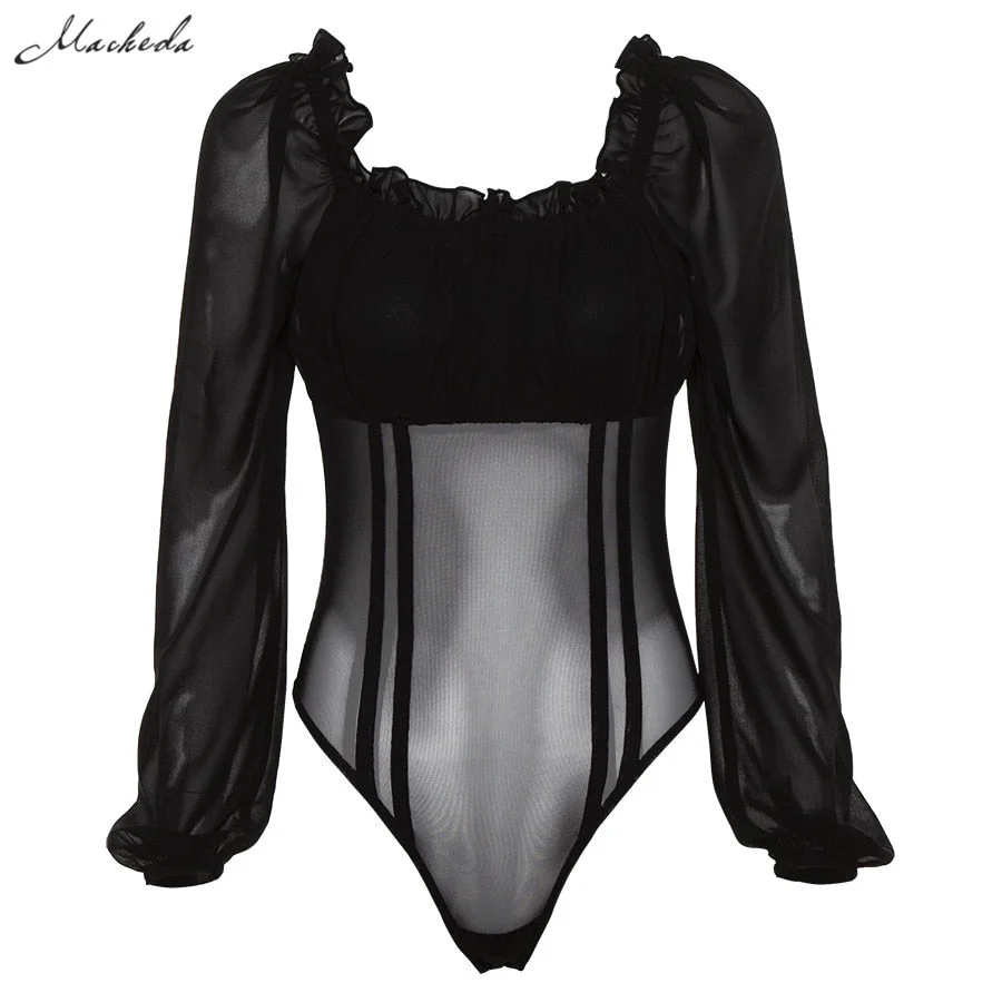 Macheda Black Sexy Mesh See-through Bodysuits Womens Autumn Ruffle Long Sleeve Wear Wild Slim Elegant Off Shoulder Rompers
