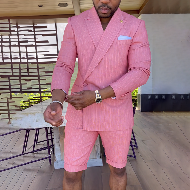Fashion Pink Stripes Blazer And Shorts Two Piece Set