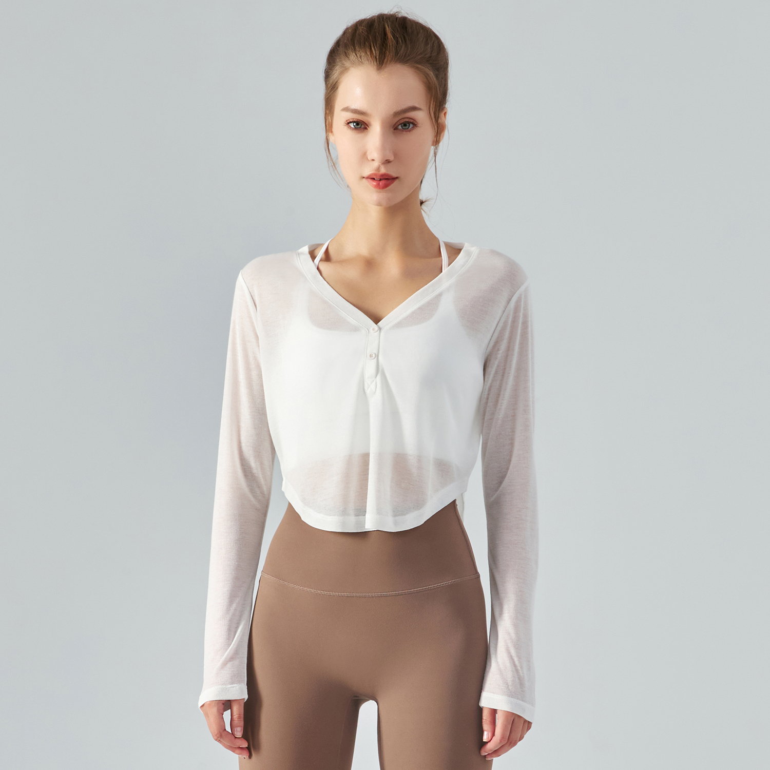 Shop White v neck loose button lightweight thin see through running shirt online on Hergymclothing