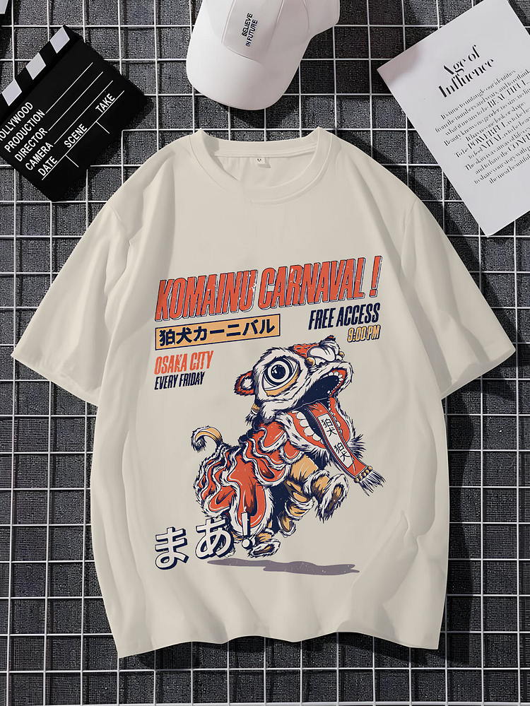 Men's Lion Dance Japanese Art Print Cotton Casual T-Shirt