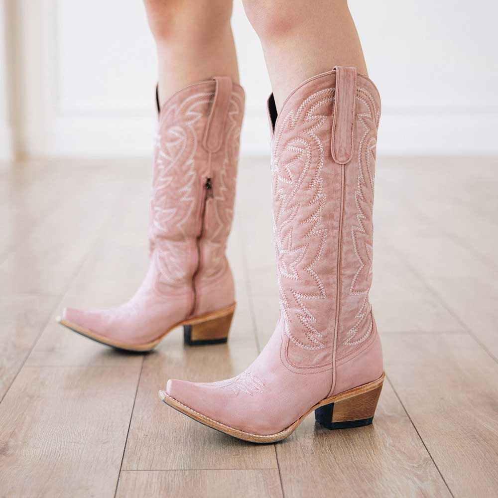 Pink Faux Suede Snip Toe Embroidered Detail Knee High Cowgirl Boots