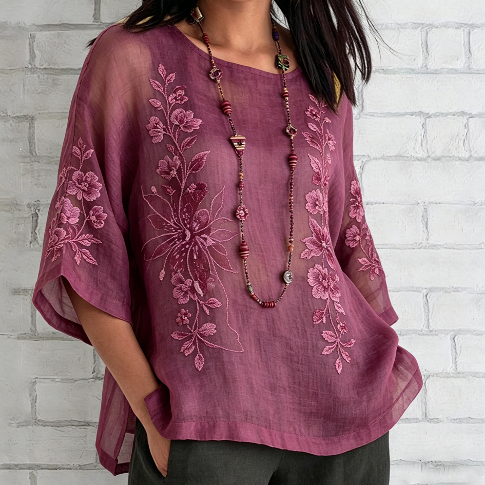 Comstylish Retro Floral Embroidery Pattern Design Casual Linen Top