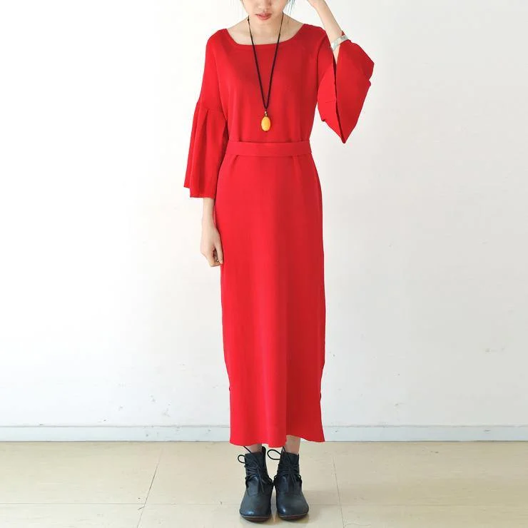 Trumpet sleeves red tunic dresses long red knit dress square neck plus size sweaters original design