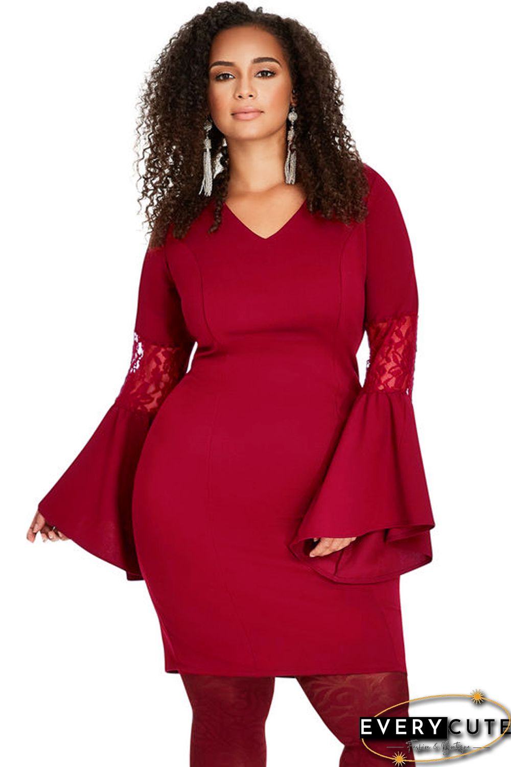 Purplish Red Lace Bell Sleeve Sheath Plus Size Dress