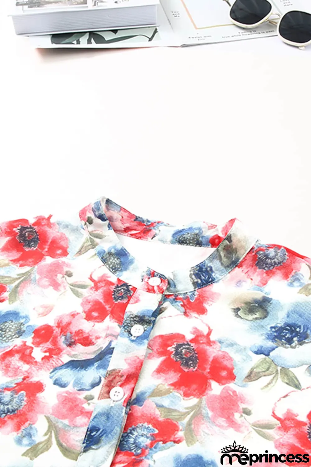 Sky Blue Vintage Floral Print Drawstring Flowy Dress