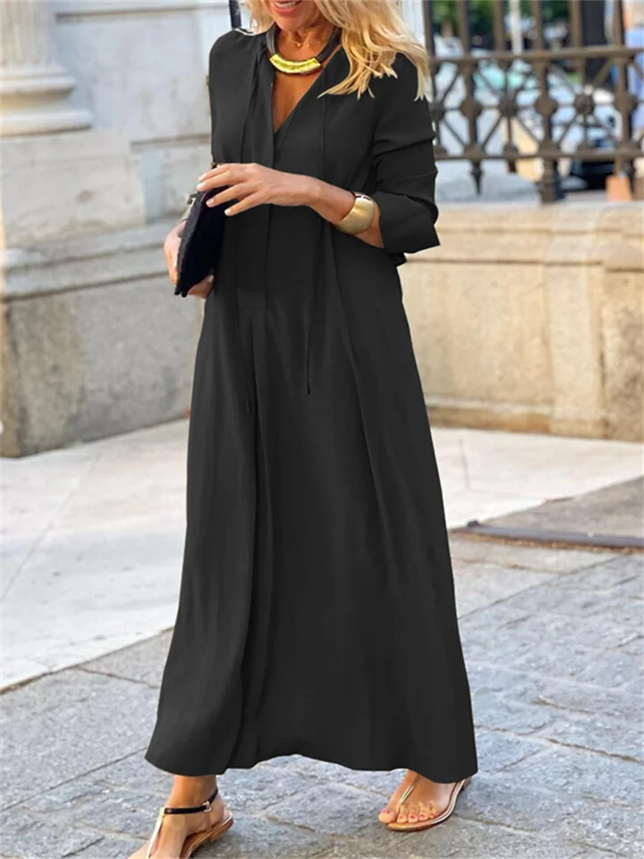Solid Color V-neck Long Sleeve Simple Casual Dress-Mixcun
