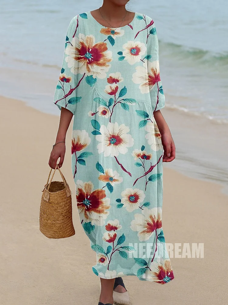 Womens Vintage Elegant  Floral Print Pocket Cotton Dress