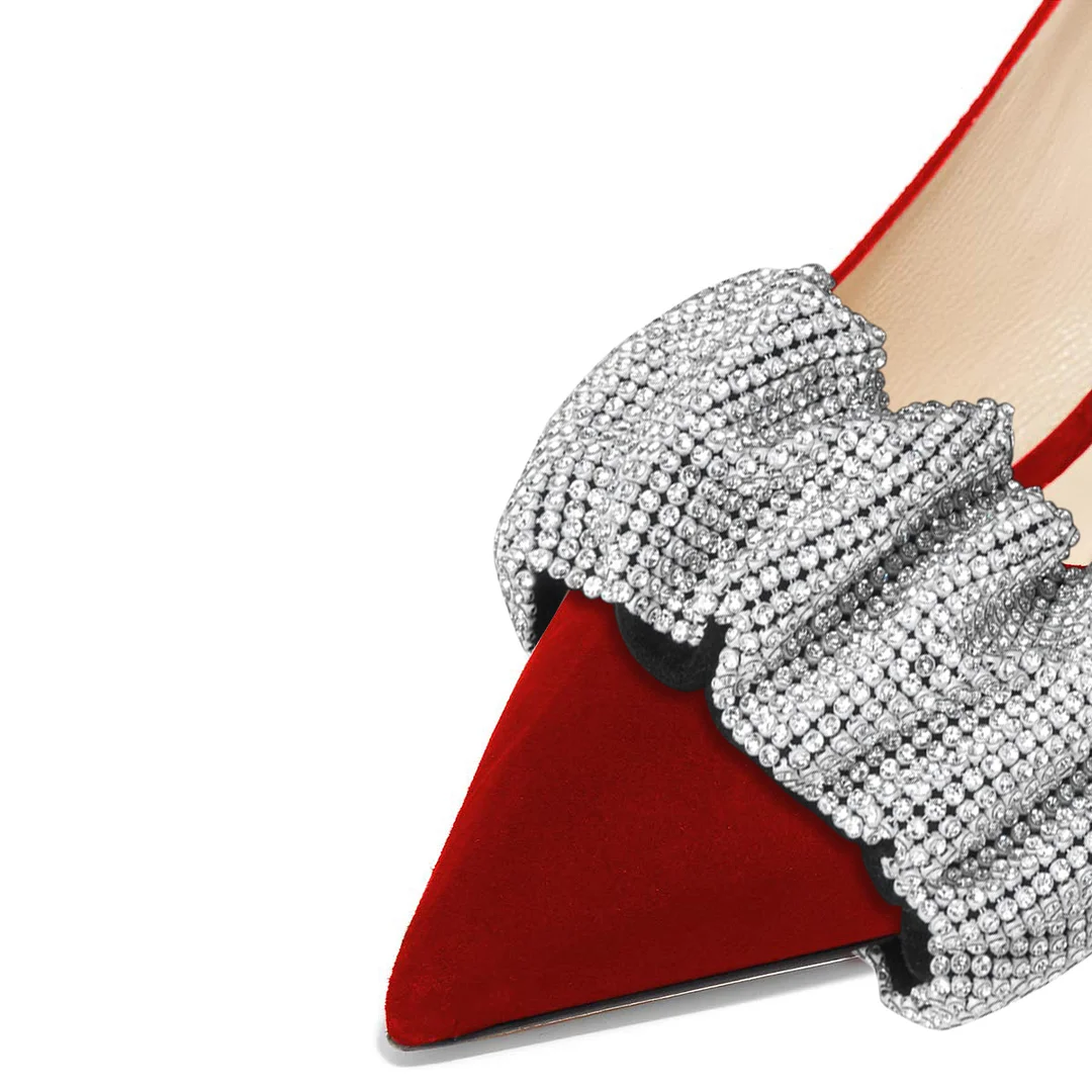 Faux Suede Pointed Toe Rhinestone Embellished Red Elegant Pumps