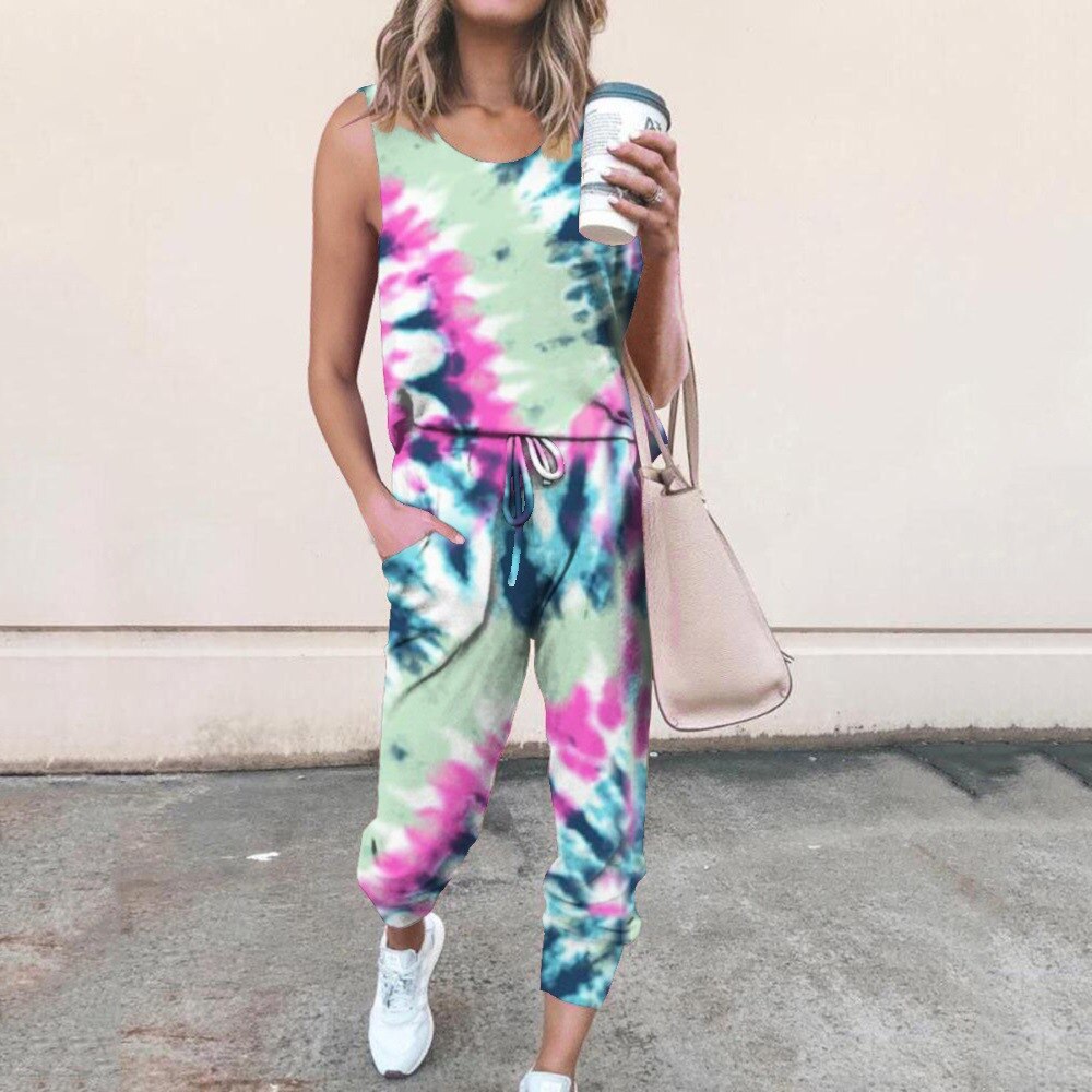 Tie-Dye Deep V Neck Sleeveless Crop Top And Leggings 2 Pieces Set Sexy Tight Club Party Lady Fashion Tracksuits