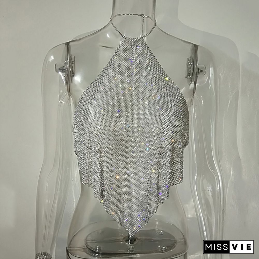 Sexy Crystal Diamond Crop Top Exotic Tank Top Backless Summer Beach Halter Camis Bralette Women Party Crop Tops