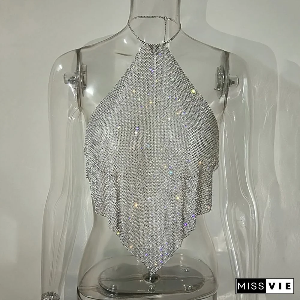 Sexy Crystal Diamond Crop Top Exotic Tank Top Backless Summer Beach Halter Camis Bralette Women Party Crop Tops
