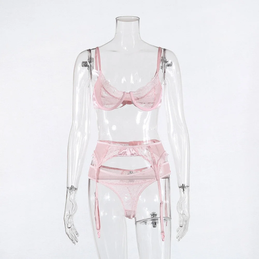 Sexy Lace Underwear Sets Women Pink Push Up Lingerie Bra & Brief Sets Bralette and Panties 2020 3 Piece Sets