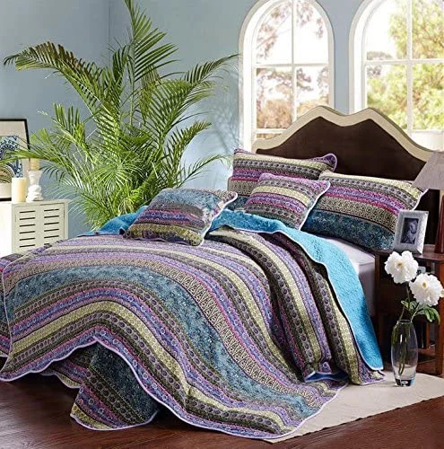 Striped Jacquard Style 3-Piece Patchwork Bedspread Quilt Sets 100% Cotton