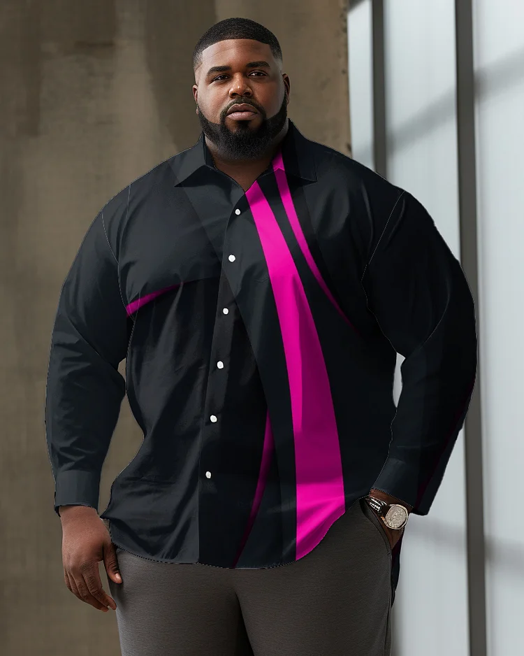 Men's Large Size Casual Business Strip Geometric Textured Lapel Long Sleeve Shirt