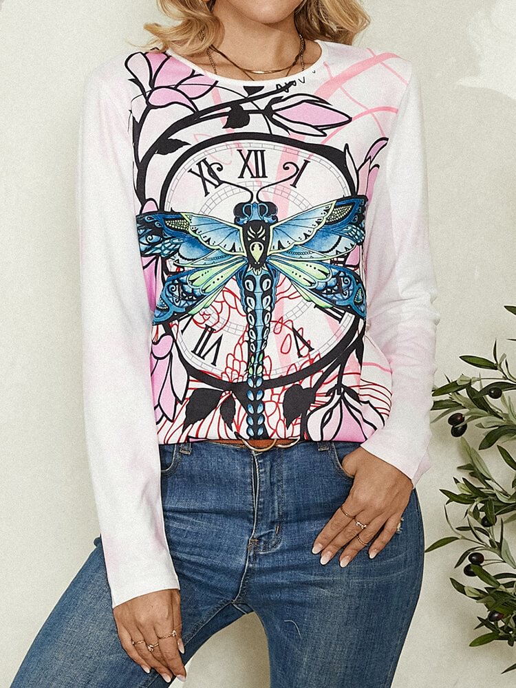 Dragonfly Floral Print O neck Long Sleeve Casual T shirt for Women P1798391