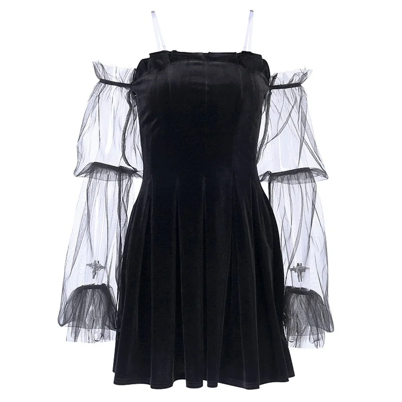 InstaHot Black Mesh See -through Puff Sleeve Pleated Dress Gothic Slash Neck Ladies Mini Pleater Lolita Dress Party Velvet Dress