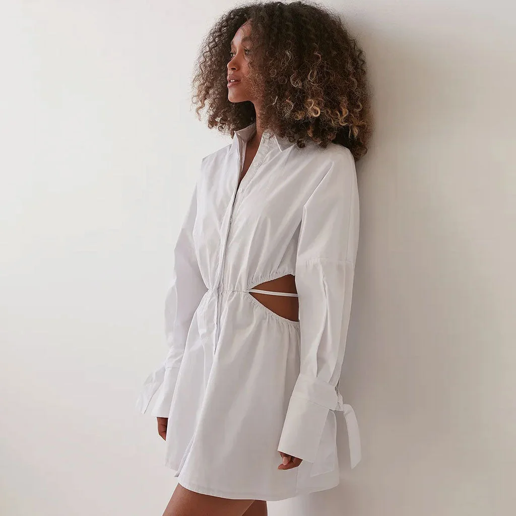 Unique Cut Out Long Sleeve Button Up Shirt Mini Dress - White
