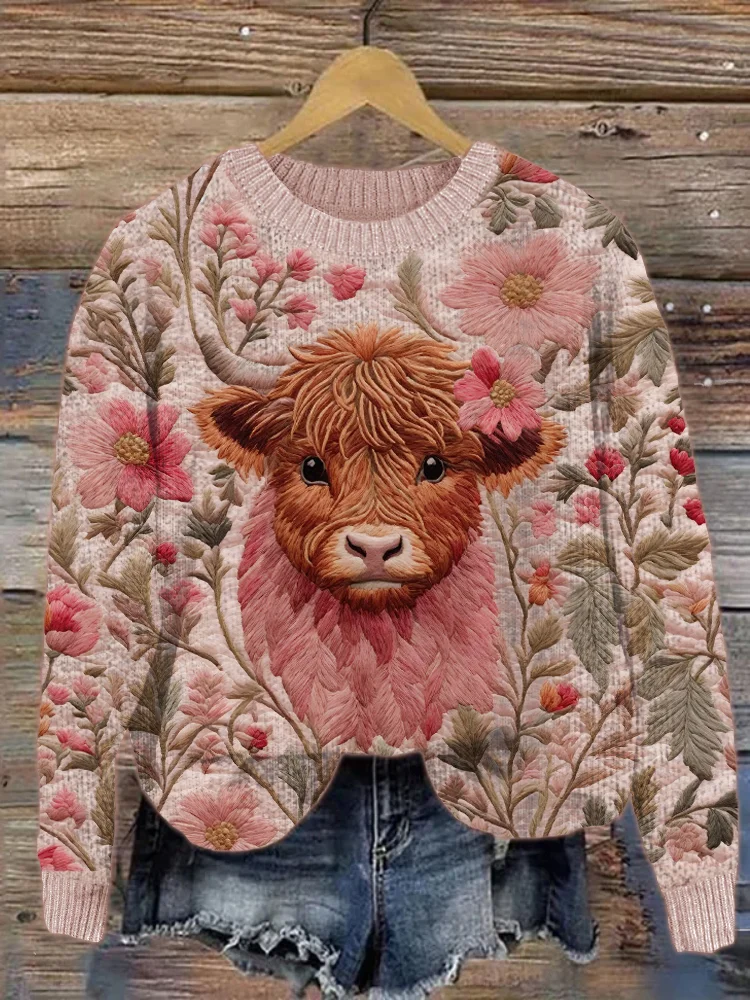 VChics Highland Cow Pink Floral Embroidery Cozy Knit Sweater