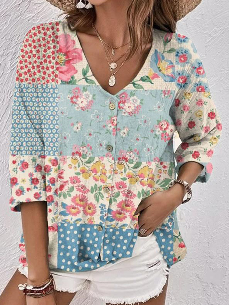 Comstylish Women's Vintage V-Neck Contrast Floral Button-Down Linen Shirt