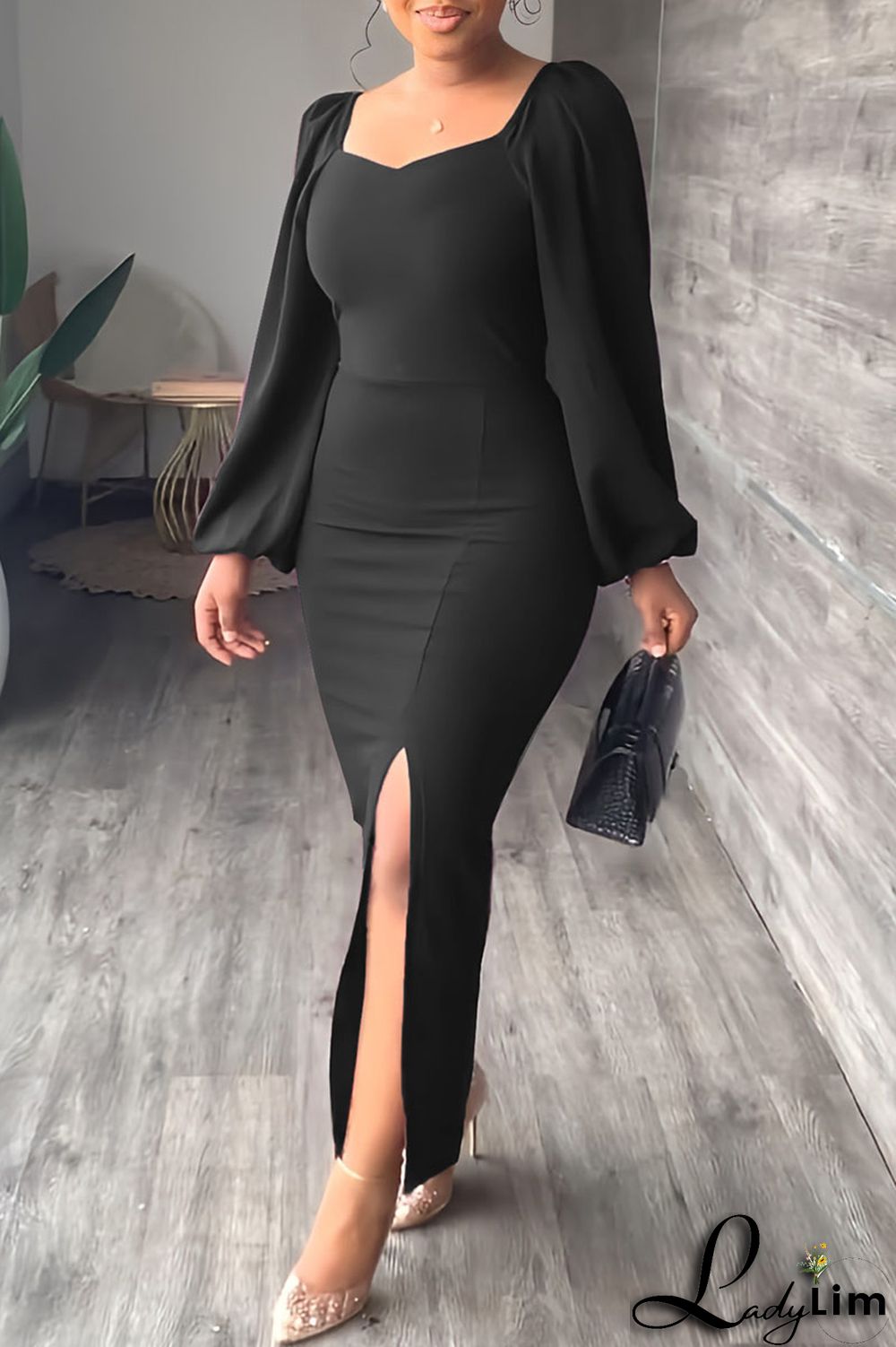 Yellow Fashion Casual Solid Slit Square Collar Long Sleeve Dresses
