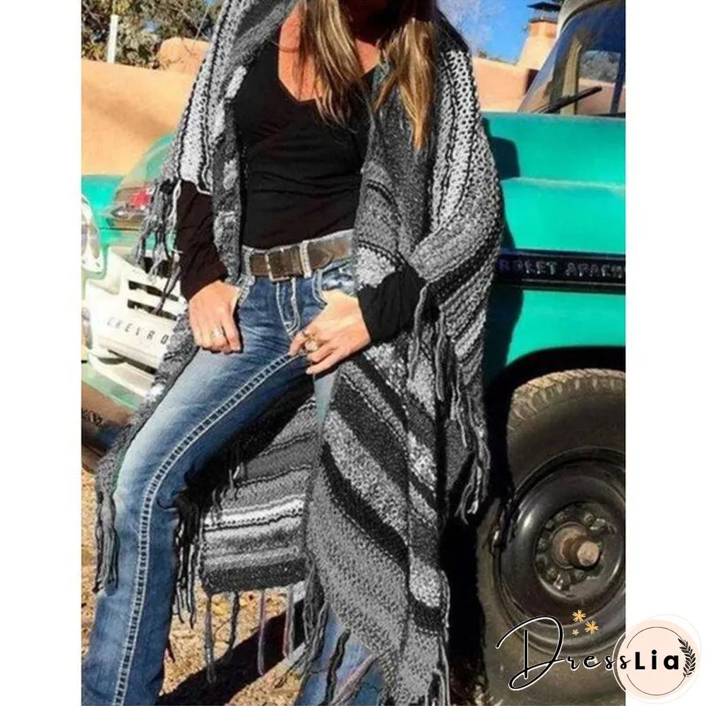 Color-Block Long Sleeve Tassel Knitted Outerwear
