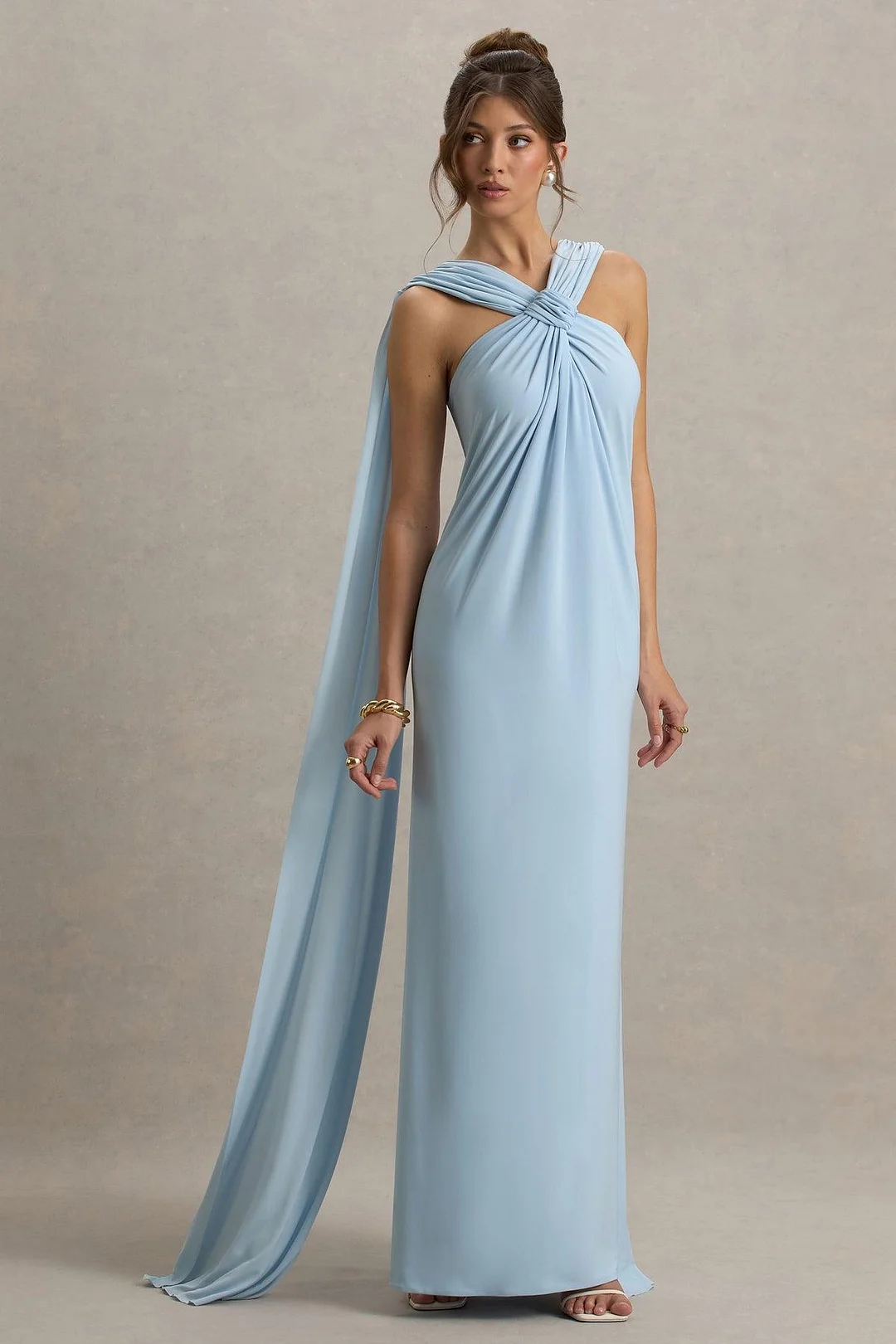 Miabel New Blue Satin Sleeveless Cross Neck Long Pleated Prom Dress with Cape 