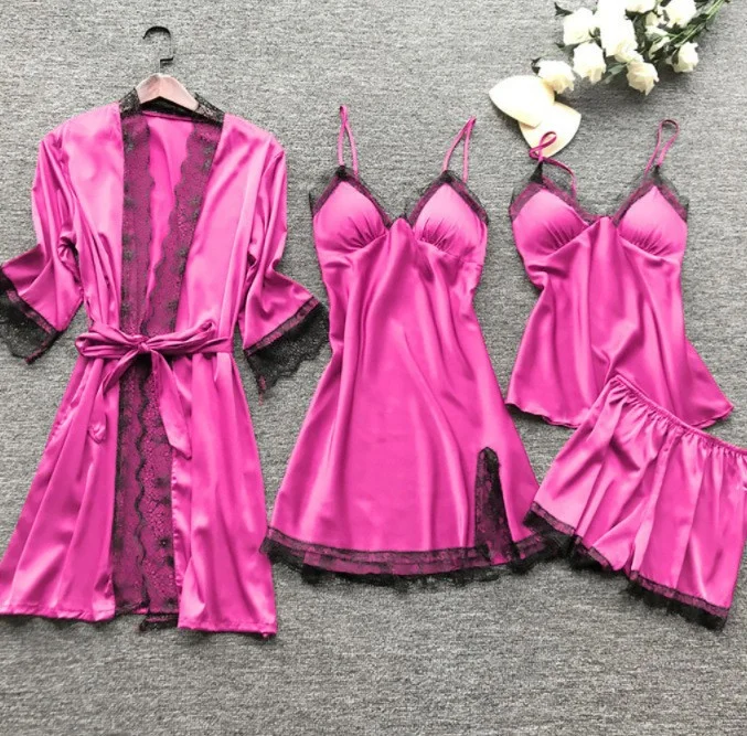 Uveng Uveng Woman Sexy Pajamas Four-Piece Korean Set Of Hanging Pajamas Women Homewear With Chest Pajamas Pajamas Pajamas 2103