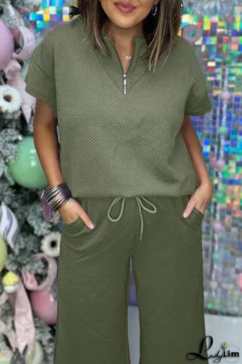 Casual Simplicity Solid Pocket Zipper Texture Turndown Collar Short Sleeve Two Pieces