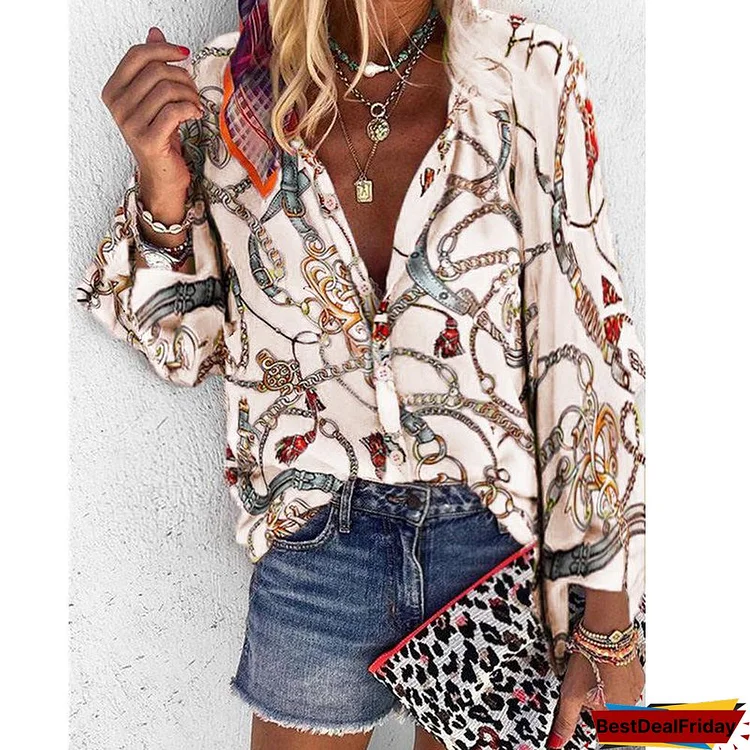 New Design Plus Size Women Blouse V-neck Long Sleeve Chains Print Loose casual Shirts Womens Tops And Blouses