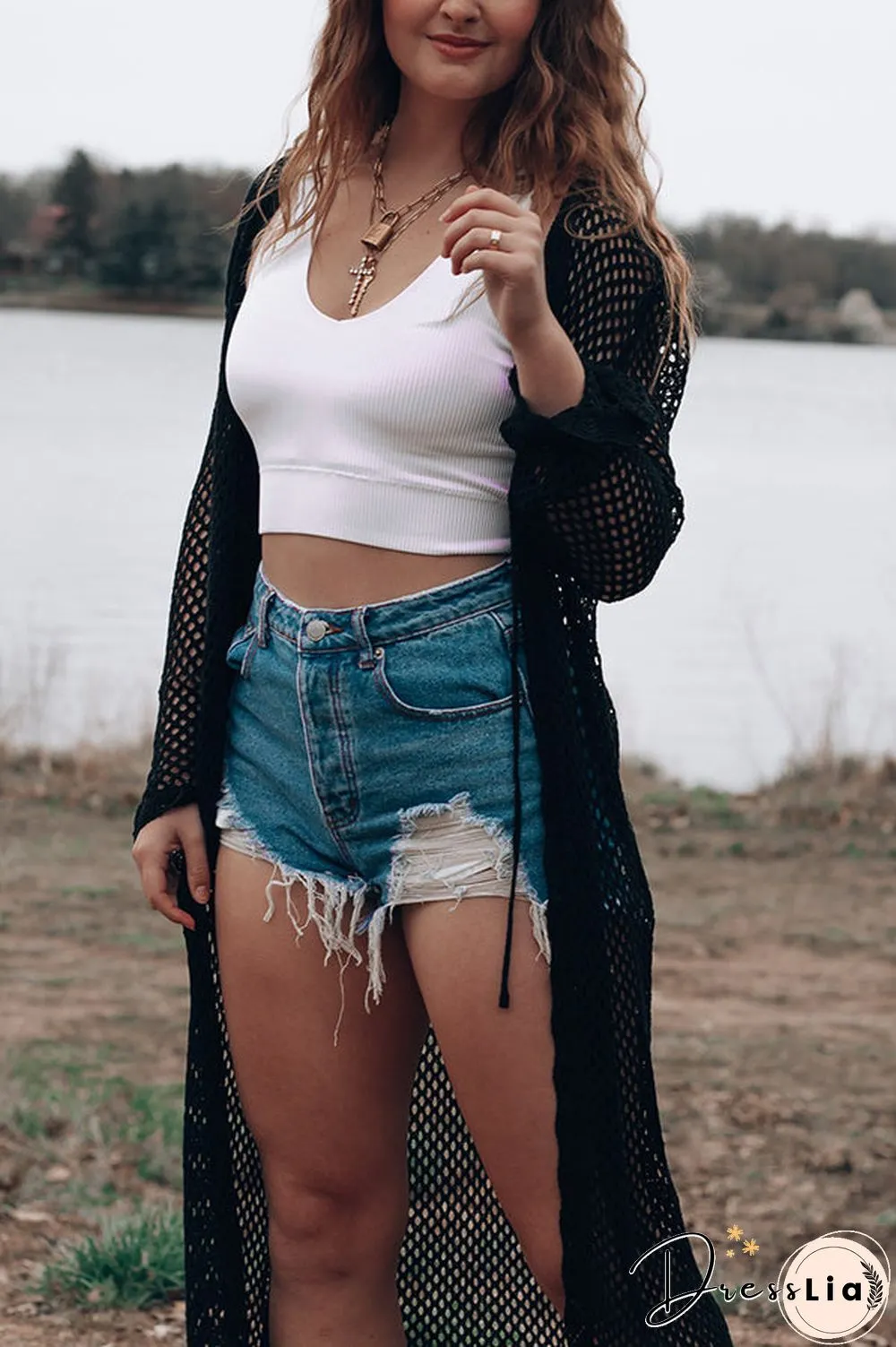 Knitted Pierced Solid Color Beach Coat
