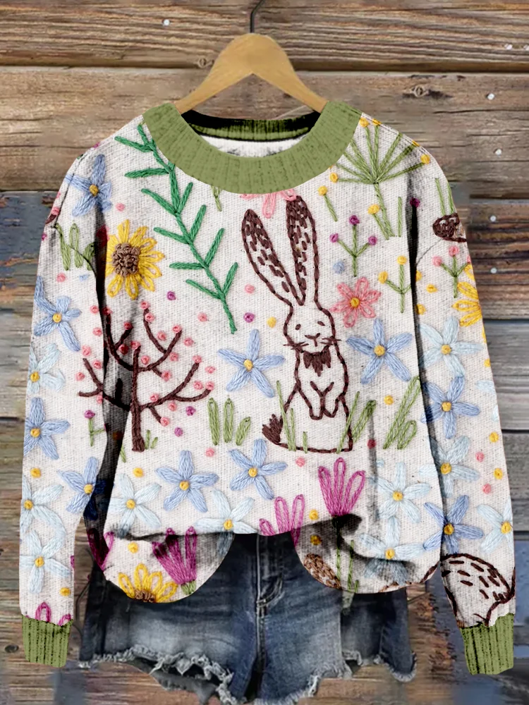 VChics Cute Bunny and Flowers Embroidery Art Cozy Sweater