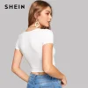 SHEIN Women White Sexy Deep V Neck Slim Fitting Crop Tee 2019 Summer Glamorous Solid Slim Fit Ruched Hem Women Tshirt Tops